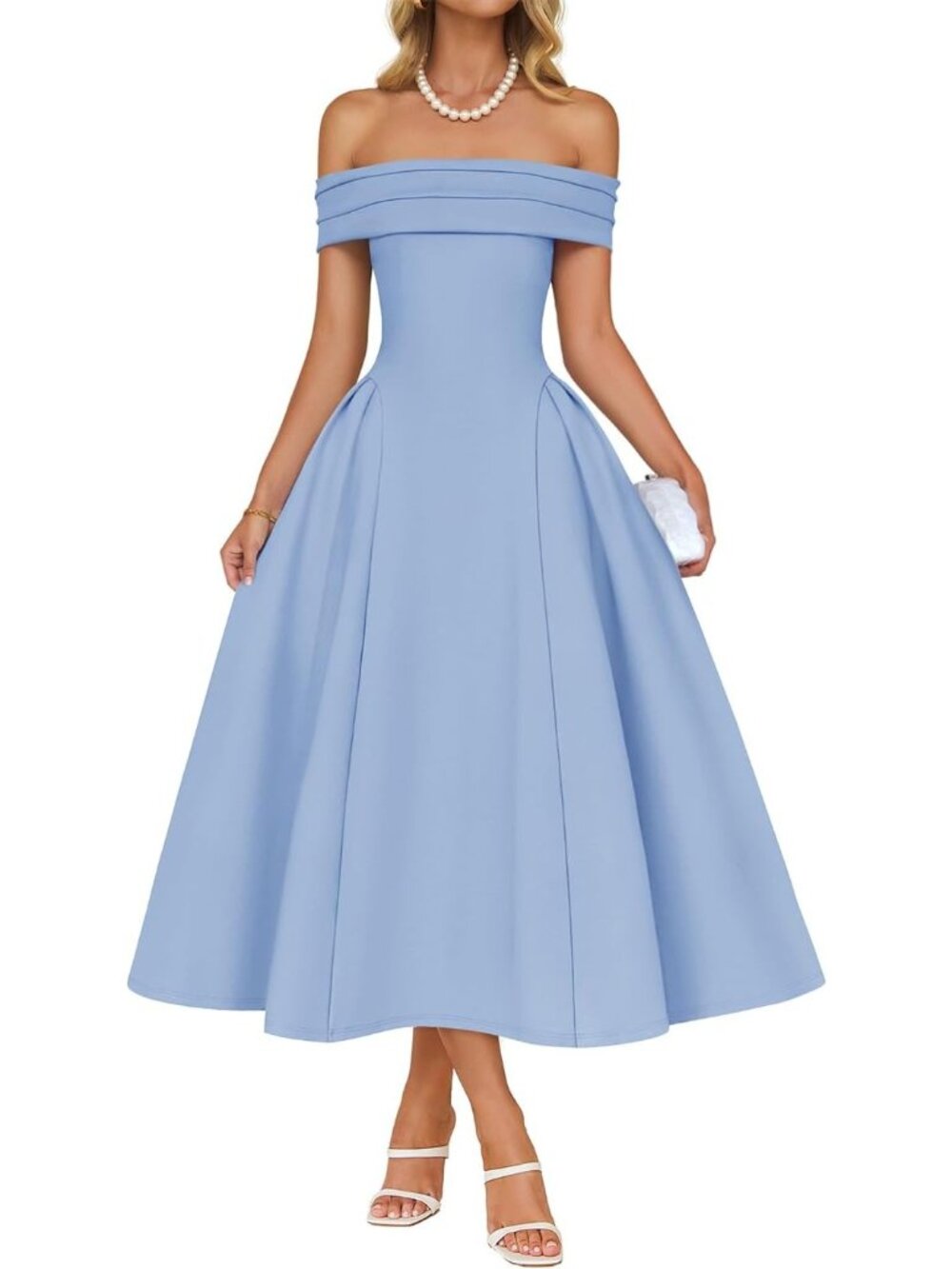 Women's Blue Summer 2026 Flowy A Line Semi Formal Off Shoulder Cocktail Dresses